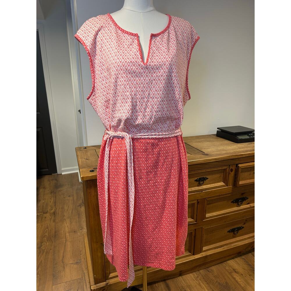 BODEN Sz 20L Notch Neck Jersey Sleeveless Salmon-Pink White Belt Geometric Relax